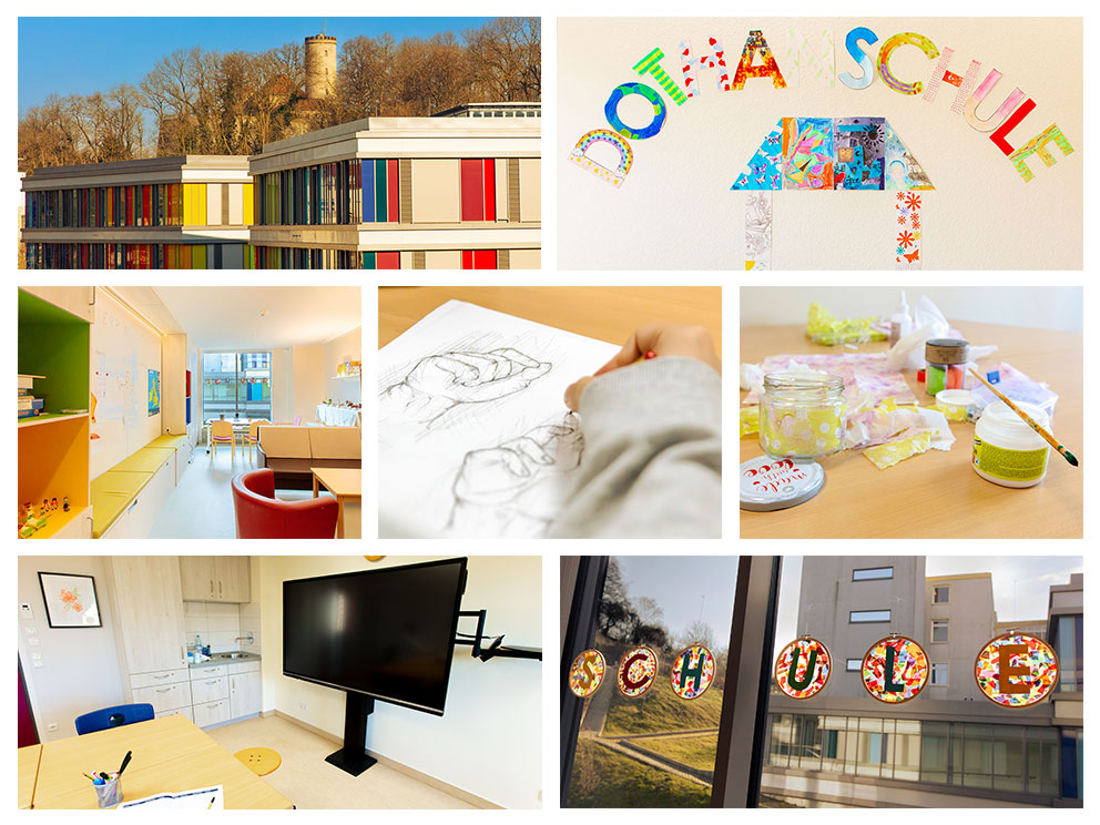 Collage aus 7 Fotos mit Alltagsszenen und Ansichten der Dothanschule