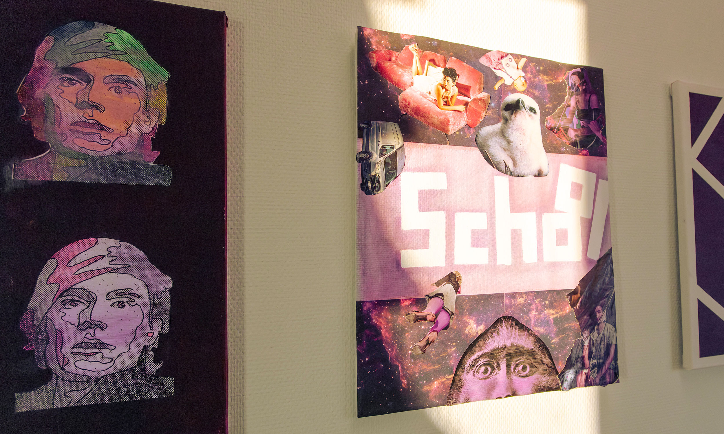 Das Bild zeigt zwei Grafiken die von Schlern erstellt wurden und nun in einem Schulflur hngen